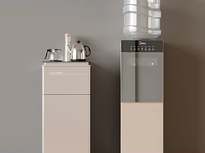 Sleek Modern Water Dispenser And Cabinet With Small Appliances And Water Bottle 3d model