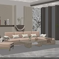 Modern Beige L shaped Sofa and Coffee Table Set with Armchair Green Plants and Large Windows
