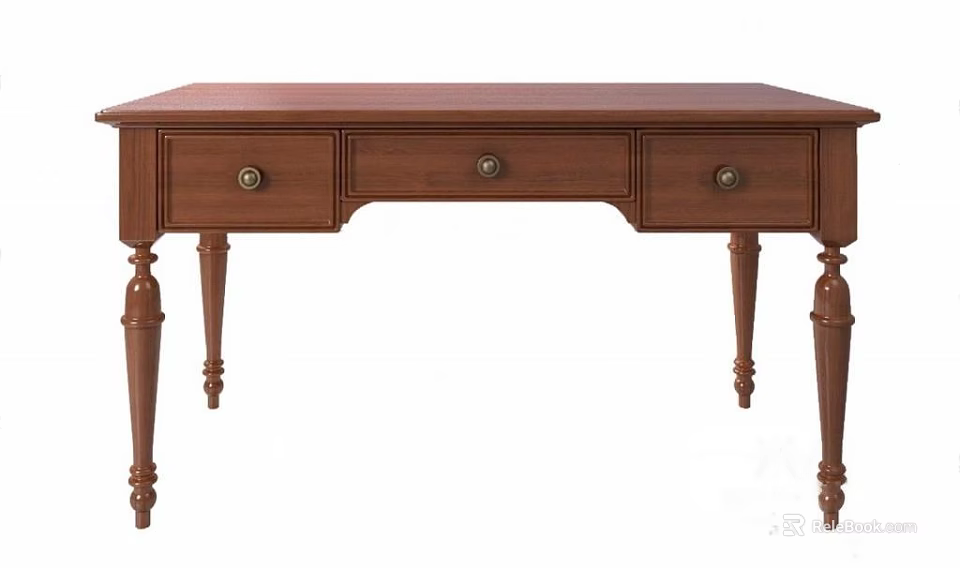 Classic Wooden Desk With Three Drawers Round Knobs And Ornate Legs 3d model