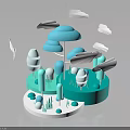 Modern 3D Scenic Model With Abstract Trees Floating Clouds And Circular Platform