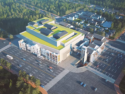 Aerial Planning of Modern Building Complex with Green Roof Surrounding Trees Roads and Parking Lots 3d model