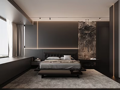 Modern Minimalist Bedroom Interior Design With Dark Wall Decorative Mural Bed Lighting And Area Rug 3d model