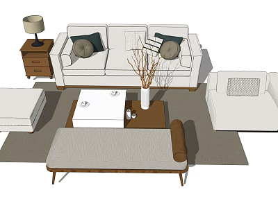 Modern Living Room Sofa Coffee Table Set With Wooden Side Table Lamp Rug And Pillows 3d model