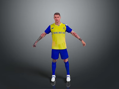 Soccer Player In Yellow Blue Jersey With Caribbean Logo Blue Shorts Socks White Cleats Pose 3d model