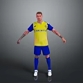 Soccer Player In Yellow Blue Jersey With Caribbean Logo Blue Shorts Socks White Cleats Pose
