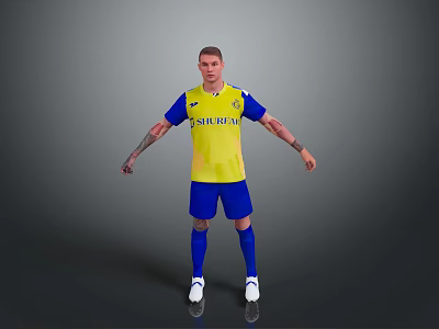 Soccer Player In Yellow Blue Jersey With Caribbean Logo Blue Shorts Socks White Cleats Pose 3d model