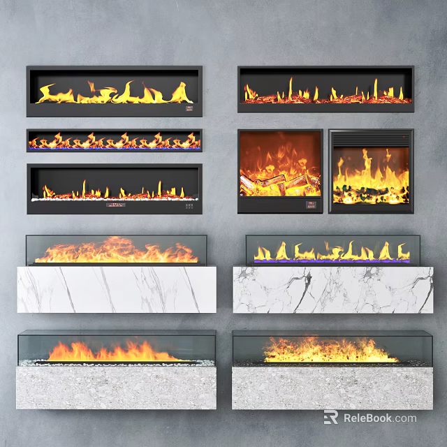 Modern Fireplace Designs With Marble Glass And Various Flames In Interior 3d model 
