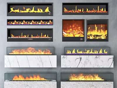 Modern Fireplace Designs With Marble Glass And Various Flames In Interior 3d model