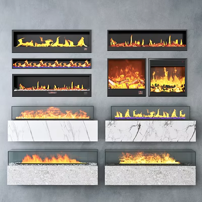 Modern Fireplace Designs With Marble Glass And Various Flames In Interior 3d model