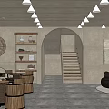 Cozy Restaurant Interior With Beige Ceiling Recessed Lighting Arched Doorway Wooden Furniture And Wall Decor
