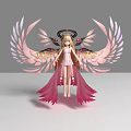Game Movie Character With Pink White Wings Blonde Hair Halo Wearing Pink Long Dress