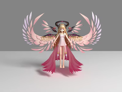 Game Movie Character With Pink White Wings Blonde Hair Halo Wearing Pink Long Dress 3d model