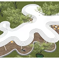 Modern Garden Landscape Featuring Curved White Pavilion Outdoor Seating Green Lawn Trees And People Walking