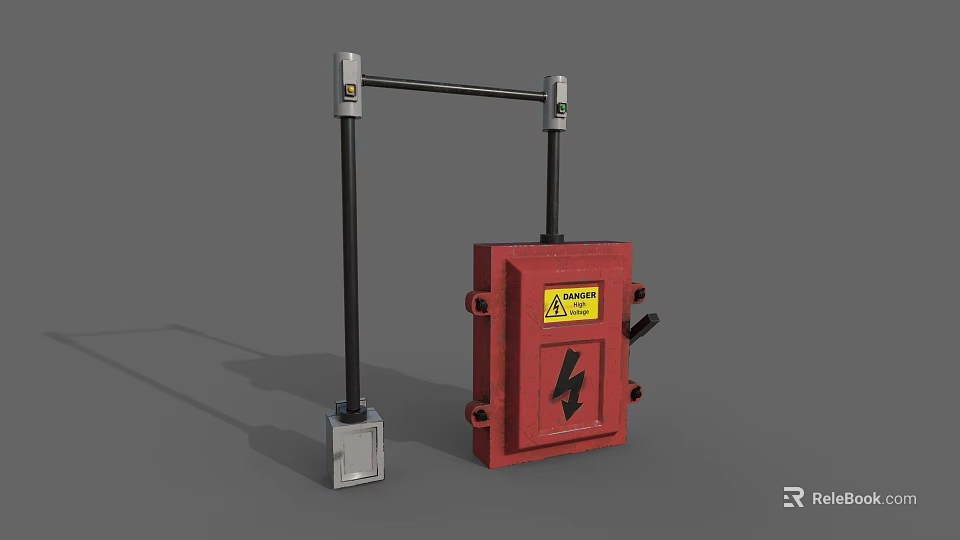 Industrial Equipment Red Control Enclosure With Black Support Arms And Lightning Warning Label 3d model 