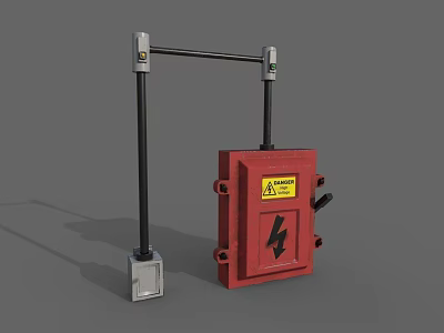 Industrial Equipment Red Control Enclosure With Black Support Arms And Lightning Warning Label 3d model