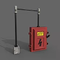 Industrial Equipment Red Control Enclosure With Black Support Arms And Lightning Warning Label