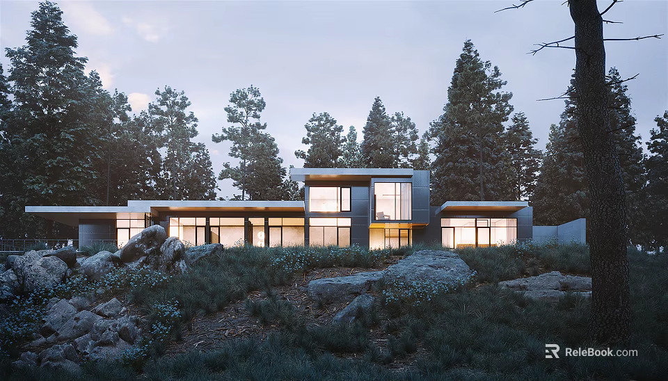 Modern Detached Villa With Large Windows Surrounded By Trees And Rocks 3d model 