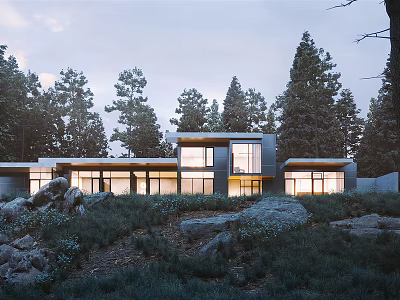 Modern Detached Villa With Large Windows Surrounded By Trees And Rocks 3d model