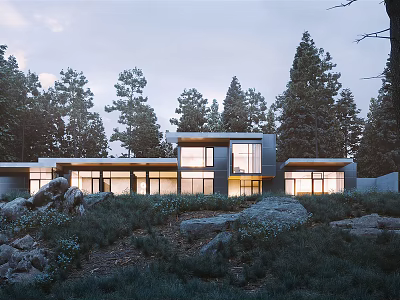 Modern Detached Villa With Large Windows Surrounded By Trees And Rocks 3d model