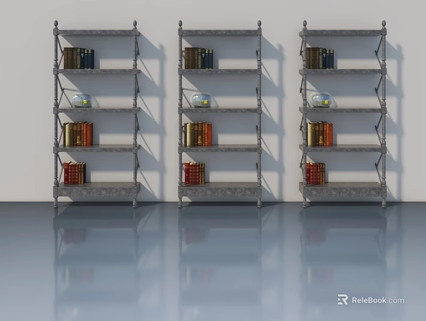 Three Metal Bookshelves With Books And Decorations On Reflective Floor 3d model 