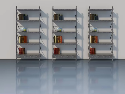 Three Metal Bookshelves With Books And Decorations On Reflective Floor 3d model