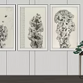 Three Chinese Ink Stone Paintings Decorating Wall With Side Table Plant 3d model