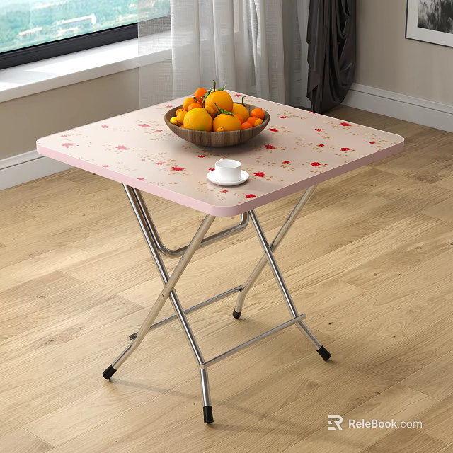 Pink Floral Folding Dining Table Set With Fruit Bowl And White Cup On Wooden Floor 3d model 