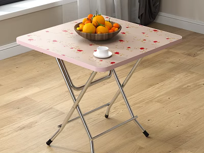 Pink Floral Folding Dining Table Set With Fruit Bowl And White Cup On Wooden Floor 3d model