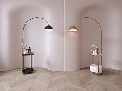 Modern Arched Floor Lamp With Side Table And Decorative Items In Stylish Interior Setting 3d model