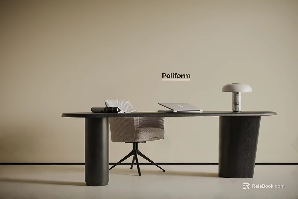 Modern Poliform Desk With Dark Wood Design Chair Table Lamp And Notebook 3d model 