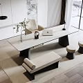Modern Minimalist Desk With White Top Black Legs Laptop Lamp Plant Chair And Stools