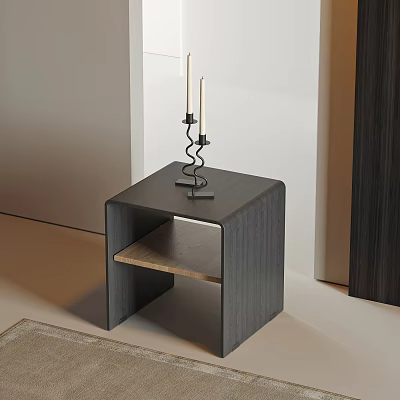 Modern Minimalist Dark Wood Side Table With Lower Shelf And Candlestick Decoration 3d model