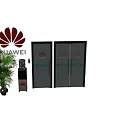 Glass Double Doors With HUAWEI Logo Black Frame And Water Dispenser Green Plant Interior