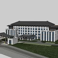 Modern Architectural Facade Featuring Glass Curtain Wall Stone Elements Traditional Roof And Front Fountain Garden