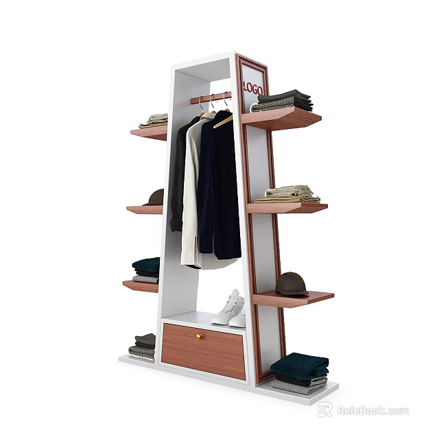Stylish Clothing Store Display Rack With Hanging Clothes Folded Items Shoes And Hat 3d model 
