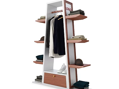 Stylish Clothing Store Display Rack With Hanging Clothes Folded Items Shoes And Hat 3d model