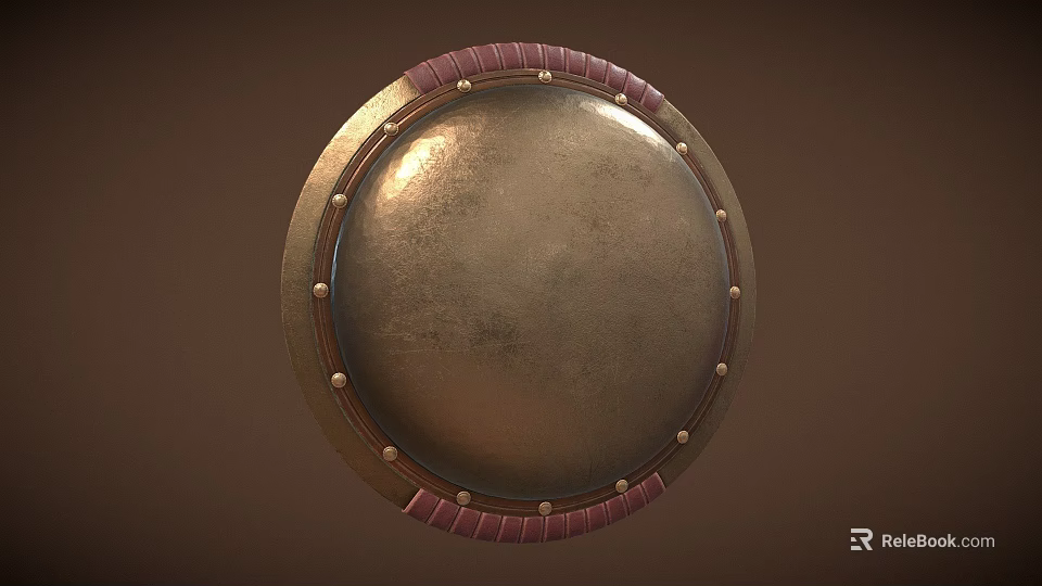 Ancient Bronze Shield with Red Leather Edging and Metal Rivets as Historical Weapon 3d model 