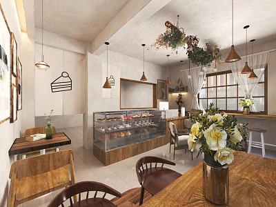 Dessert Shop Interior With Glass Display Case Wooden Tables Chairs Pendant Lights And Flower Decorations 3d model