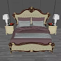 Luxury Double Bed with Ornate Gold Headboard Purple Gray Bedding and Nightstands with Table Lamps
