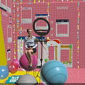 Public Office Space Featuring Pink Yellow Walls Picture Frames Colorful Exercise Balls And Ring Light