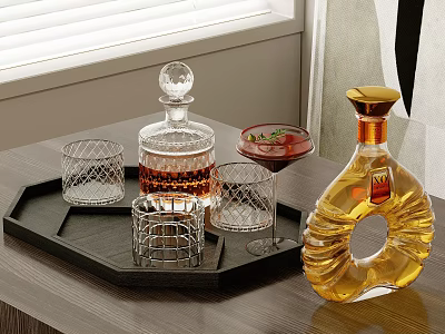 Elegant Glassware And Liquor Bottles In Interior On Tray And Table 3d model