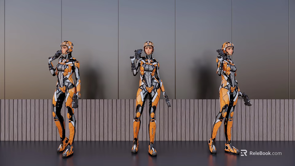 Three Female Robots In Orange Black Mechanical Armor With Different Poses On Gray Background 3d model 