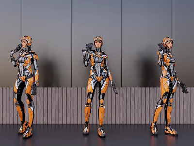 Three Female Robots In Orange Black Mechanical Armor With Different Poses On Gray Background 3d model