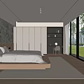 Modern Bedroom Interior With Wooden Headboard Light Colored Bedding Cabinets Large Windows And Lawn View