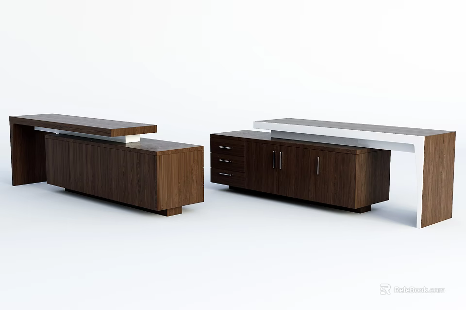 Modern Minimalist Wooden Office Desk Combination With Drawers And Storage Cabinets 3d model 