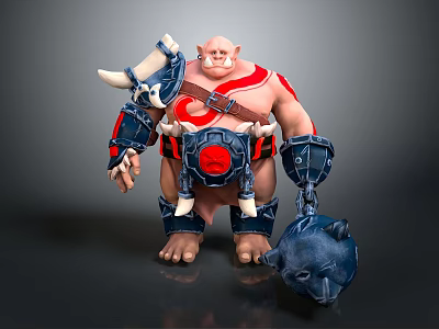 Muscular Man With Red Tattoos In Blue Armor Holding Horned Helmet 3d model