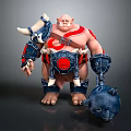 Muscular Man With Red Tattoos In Blue Armor Holding Horned Helmet
