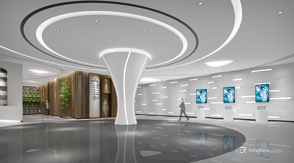 Modern Lobby Interior Design With Circular Ceiling White Pillar Wooden Wall And Green Plants 3d model 