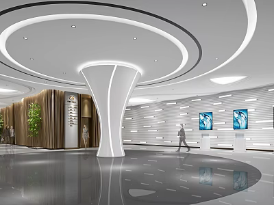 Modern Lobby Interior Design With Circular Ceiling White Pillar Wooden Wall And Green Plants 3d model