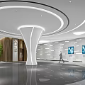 Modern Lobby Interior Design With Circular Ceiling White Pillar Wooden Wall And Green Plants